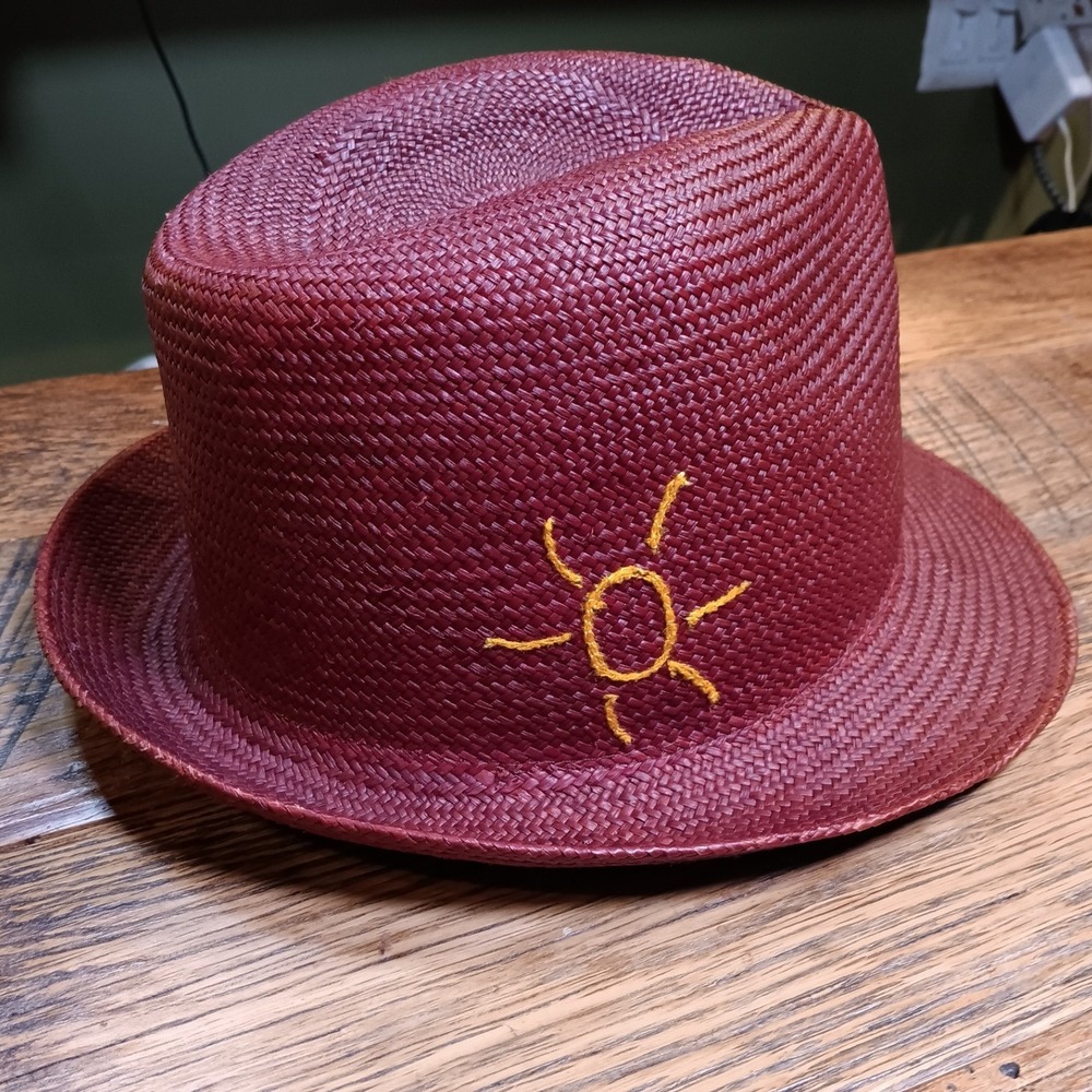 Genuine Panama Straw Designer Paul Smith Hat Red Fedora Sun Smile Embroidered